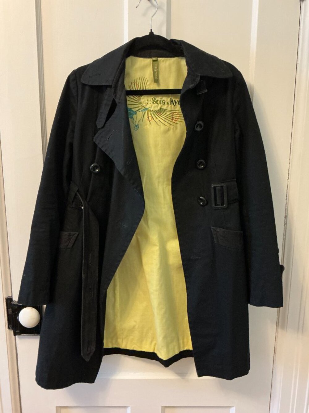 Soia & Kyo black trench w/ yellow lining (S)